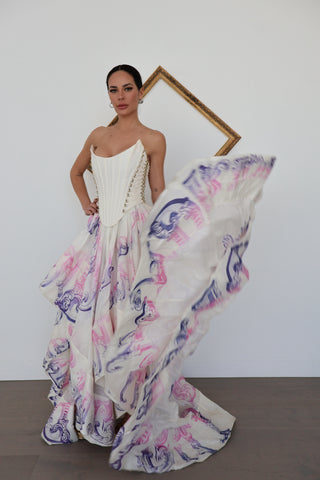 Zimmermann white corseted silk-linen maxi gown with pink and lilac baroque print, photographed for Luxury Kulture.