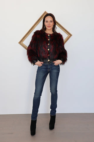 J Brand dark-wash skinny jeans with subtle fading, photographed on model for Luxury Kulture.