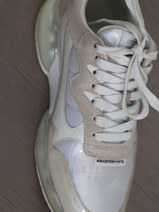 White Alexander Wang AWNYC Stadium Sneakers showing mixed mesh and suede upper details