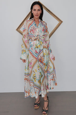 Zimmermann Halcyon floral silk blouse and mid skirt set with feminine drape and floral print