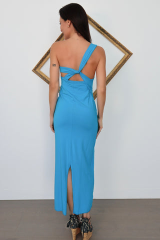 The Line by K Avalon Dress in electric turquoise blue with fitted minimalist silhouette