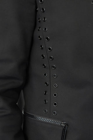 Michael Michael Kors black cutaway jacket with grommet detailing, tailored fit, size 4.