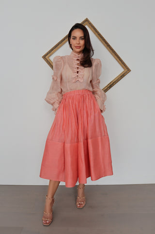 Zimmermann pink silk linen bow-neck blouse, size 1, feminine tailored silhouette.