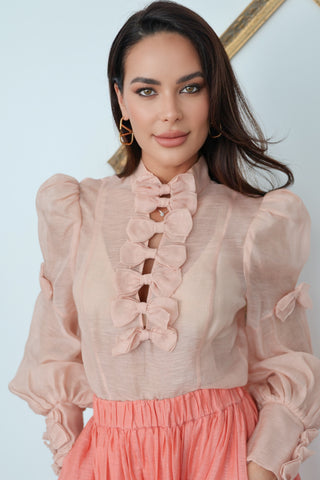 Zimmermann pink silk linen bow-neck blouse, size 1, feminine tailored silhouette.