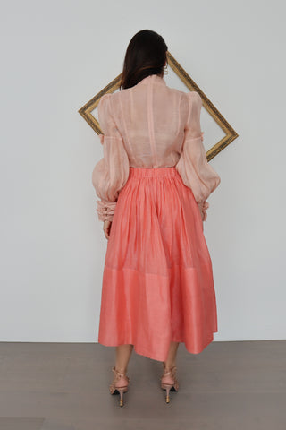 Zimmermann pink silk linen bow-neck blouse, size 1, feminine tailored silhouette.