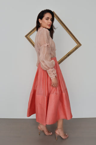 Zimmermann pink silk linen bow-neck blouse, size 1, feminine tailored silhouette.