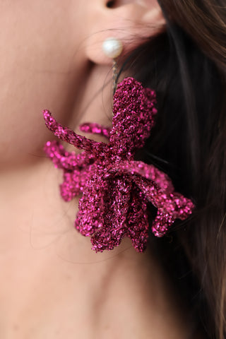 Lucy Folk Spritz pink plaited Lurex earrings with pearl accents.