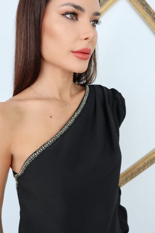 Self Portrait black one shoulder top with crystal trim asymmetric design UK6.