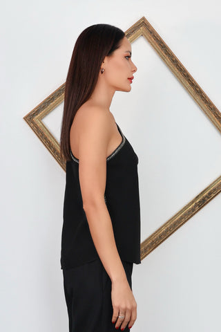 Self Portrait black one shoulder top with crystal trim asymmetric design UK6.