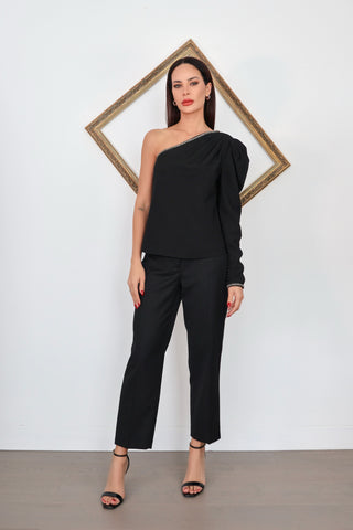 Self Portrait black one shoulder top with crystal trim asymmetric design UK6.