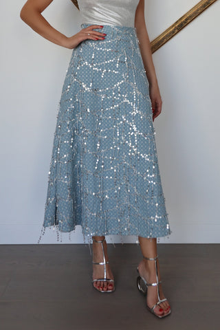 Beulah Style blue sequin maxi skirt featuring intricate beaded embellishment, A-line silhouette, flowing maxi length and shimmering occasionwear detailing.