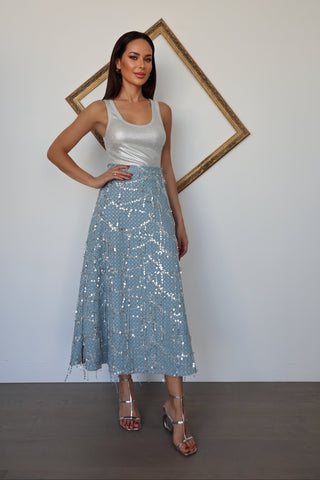 Beulah Style blue sequin maxi skirt featuring intricate beaded embellishment, A-line silhouette, flowing maxi length and shimmering occasionwear detailing.
