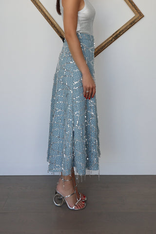 Beulah Style blue sequin maxi skirt featuring intricate beaded embellishment, A-line silhouette, flowing maxi length and shimmering occasionwear detailing.
