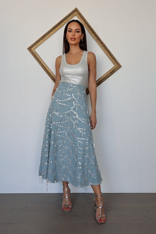 Beulah Style blue sequin maxi skirt featuring intricate beaded embellishment, A-line silhouette, flowing maxi length and shimmering occasionwear detailing.