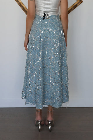 Beulah Style blue sequin maxi skirt featuring intricate beaded embellishment, A-line silhouette, flowing maxi length and shimmering occasionwear detailing.