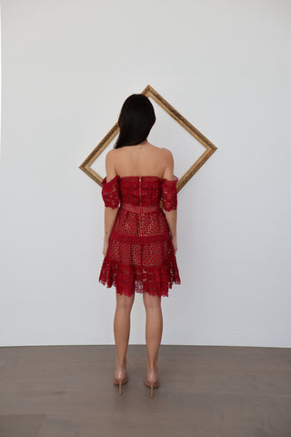 Red Self-Portrait off-the-shoulder guipure lace mini dress, size 8, shown on model.