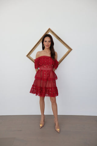 Red Self-Portrait off-the-shoulder guipure lace mini dress, size 8, shown on model.