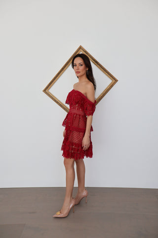 Red Self-Portrait off-the-shoulder guipure lace mini dress, size 8, shown on model.