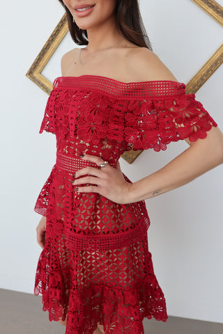 Red Self-Portrait off-the-shoulder guipure lace mini dress, size 8, shown on model.