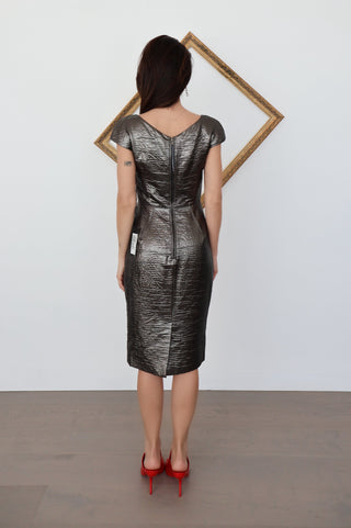 Dolce & Gabbana gunmetal metallic sheath dress with leopard lining, size 40, shown on model.
