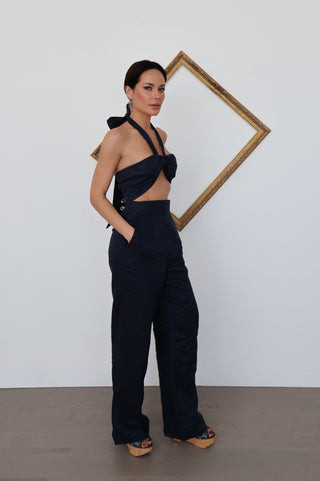 Joslin marine-blue linen cut-out halter jumpsuit, size S, shown on model.