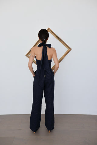 Joslin Cut-Out Jumpsuit in Linen – Marine Blue - Size S