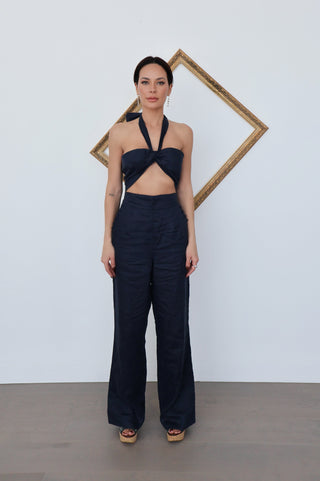 Joslin marine-blue linen cut-out halter jumpsuit, size S, shown on model.