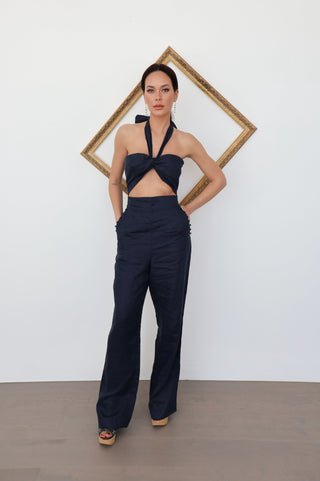 Joslin marine-blue linen cut-out halter jumpsuit, size S, shown on model.