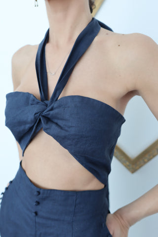 Joslin marine-blue linen cut-out halter jumpsuit, size S, shown on model.