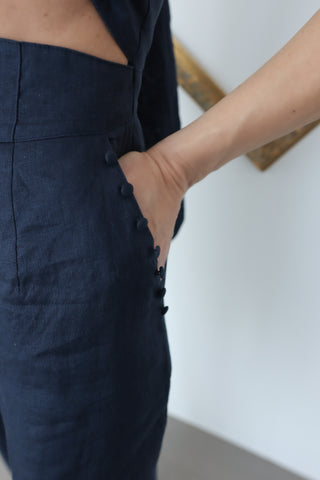 Joslin marine-blue linen cut-out halter jumpsuit, size S, shown on model.