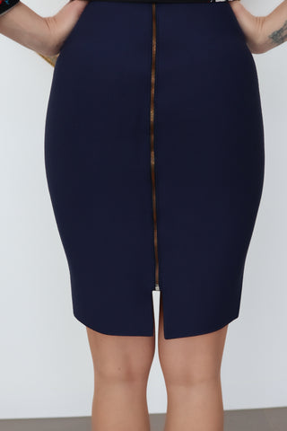 Roland Mouret navy wool pencil skirt with exposed back zipper, size 10, shown on model.