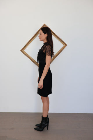 Sandro black lace-overlay cocktail dress on model, size 1