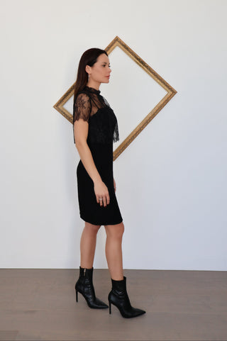 Sandro black lace-overlay cocktail dress on model, size 1