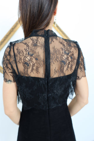 Sandro black lace-overlay cocktail dress on model, size 1