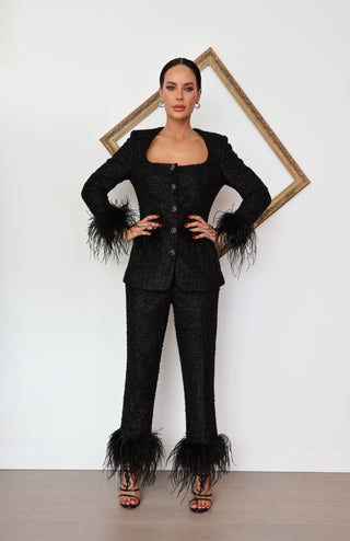 Rebecca Vallance Jordan black jacket and pant set with feather trim size AU 8, new with tag.