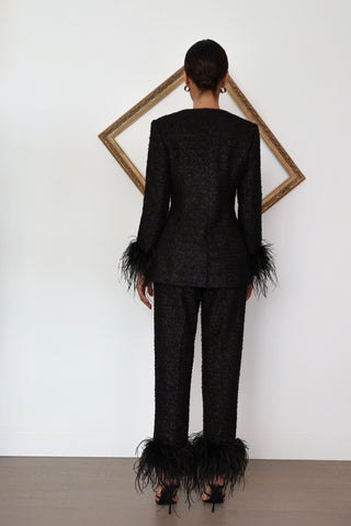 Rebecca Vallance Jordan black jacket and pant set with feather trim size AU 8, new with tag.