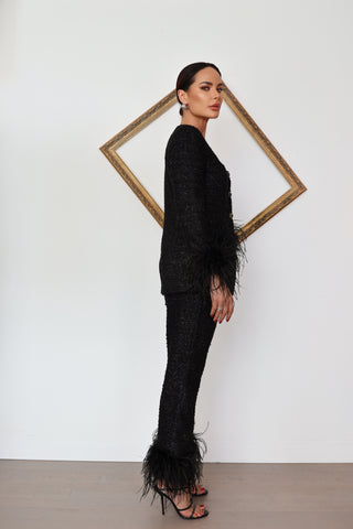 Rebecca Vallance Jordan black jacket and pant set with feather trim size AU 8, new with tag.