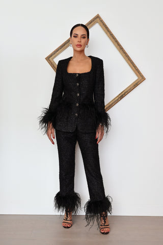Rebecca Vallance Jordan black jacket and pant set with feather trim size AU 8, new with tag.
