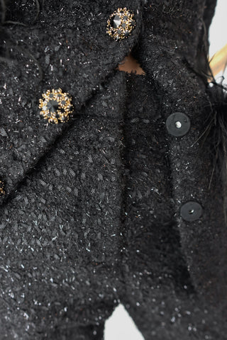 Rebecca Vallance Jordan black jacket and pant set with feather trim size AU 8, new with tag.