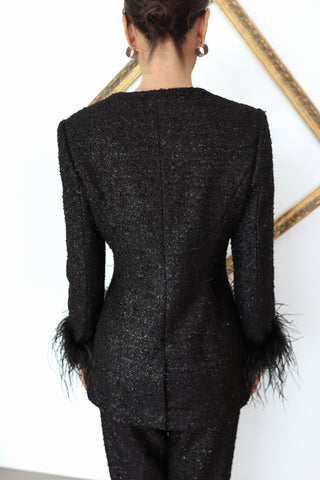 Rebecca Vallance Jordan black jacket and pant set with feather trim size AU 8, new with tag.