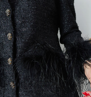 Rebecca Vallance Jordan black jacket and pant set with feather trim size AU 8, new with tag.