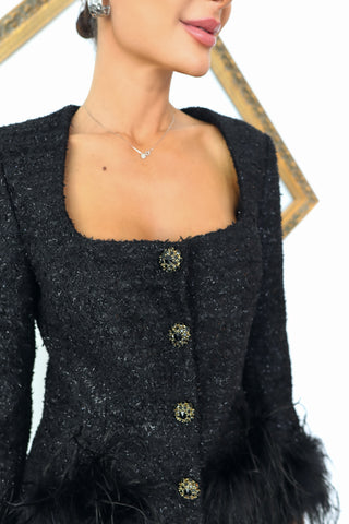 Rebecca Vallance Jordan black jacket and pant set with feather trim size AU 8, new with tag.