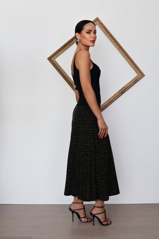 Proenza Schouler black midi dress with ruched bodice and textured patterned skirt size