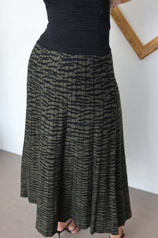 Proenza Schouler black midi dress with ruched bodice and textured patterned skirt size