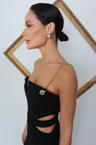 Rebecca Vallance Iman black cut-out midi dress with gold chain straps and hardware detail size AU 8.