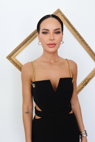 Rebecca Vallance Iman black cut-out midi dress with gold chain straps and hardware detail size AU 8.