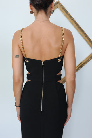 Rebecca Vallance Iman black cut-out midi dress with gold chain straps and hardware detail size AU 8.