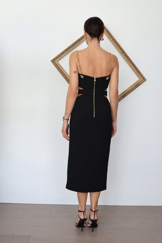 Rebecca Vallance Iman black cut-out midi dress with gold chain straps and hardware detail size AU 8.