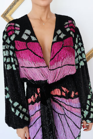 Retrofête Gabrielle multicolour sequin butterfly robe dress size S.