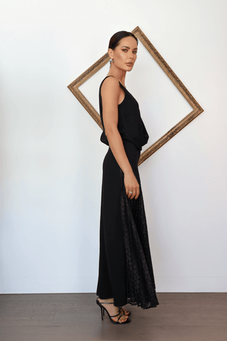 Bianca Spender black draped tank dress with lace skirt size AU 6